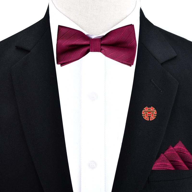 Product Introduction of Groom's Wedding Tie Pocket Scarf Square Scarf Chest Needle Breast Flower Three piece Set Red Bow Men's Black Gentleman 7