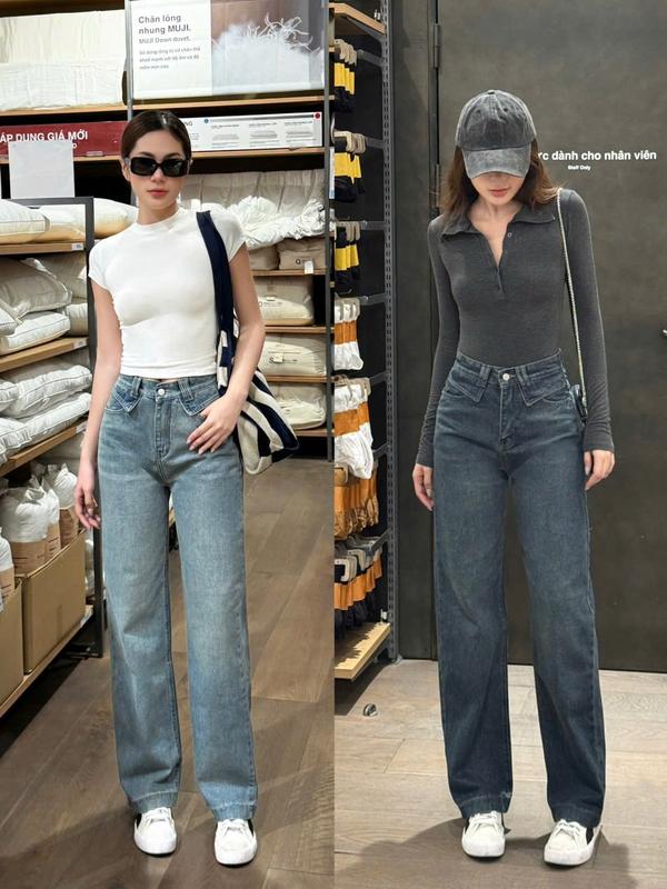 THE QUẠO - Quần Jeans Nữ Lưng Cao Ống Suông Xanh Đậm Phủ Bụi Rêu S0107_709