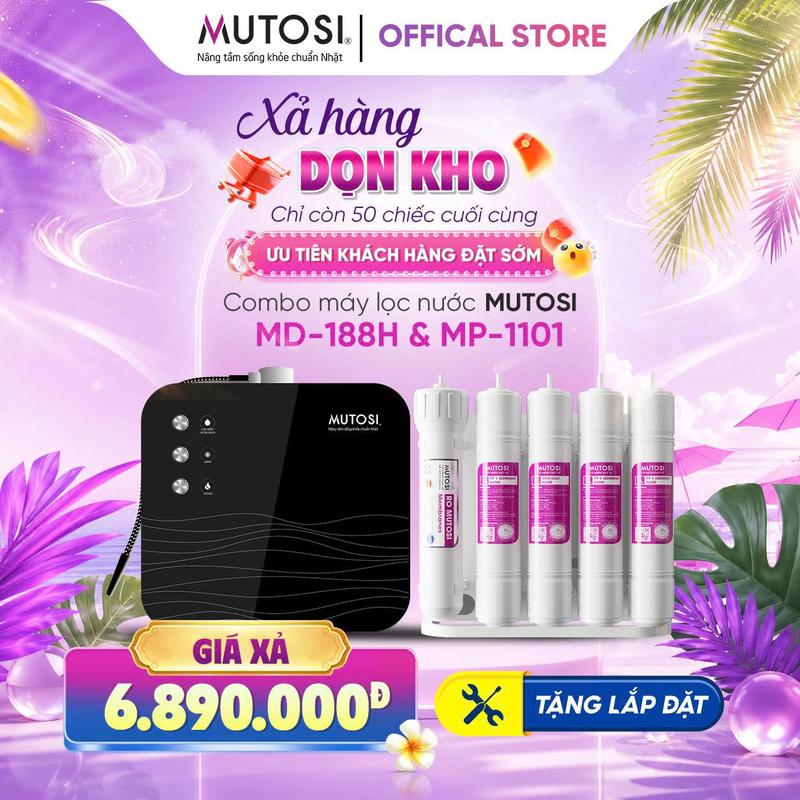 [ XẢ HÀNG DỌN KHO ] Combo Máy Lọc Nước Để Gầm 11 Lõi Mutosi MP-1101 và Máy Nóng Lạnh Để Bàn Ion Kiềm Hydrogen Mutosi MD-188H