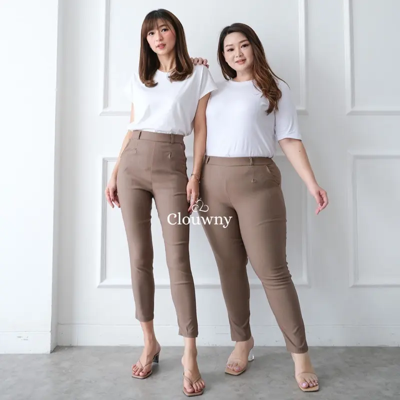 CLOUWNY - Chino Pants Celana Kantor Casual Katun Import Karet Office Casual Skinny Fit Body Panjang Formal Wanita Simple Kerja Stretch Basic