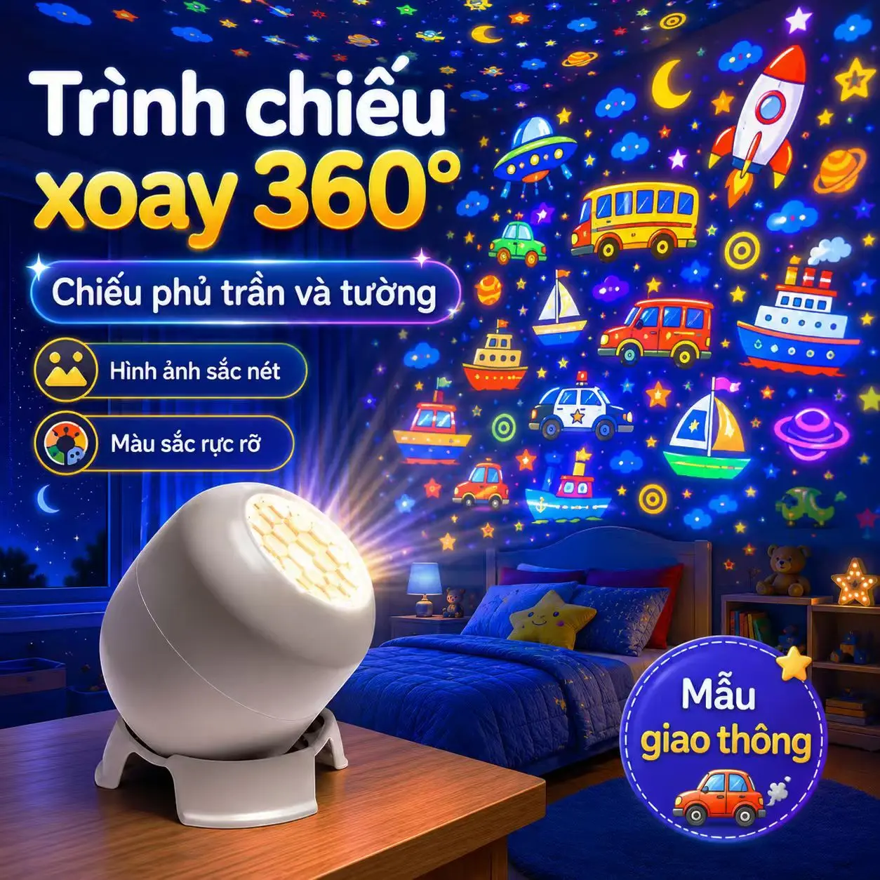 Đèn chiếu hình phòng ngủ – chủ đề phương tiện giao thông/thế giới đại dương; đèn chiếu thú vị với ánh sáng dịu nhẹ không gây hại cho mắt, đèn tạo không khí thiết yếu cho phòng trẻ em.