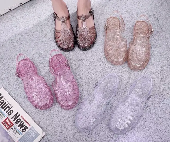 Sandal Melisa Gliter Korean Style Flat anak - Model Karet Jelly Transparan Terbaru, Ukuran 18-35 Sendal sepatu trendy Fashion