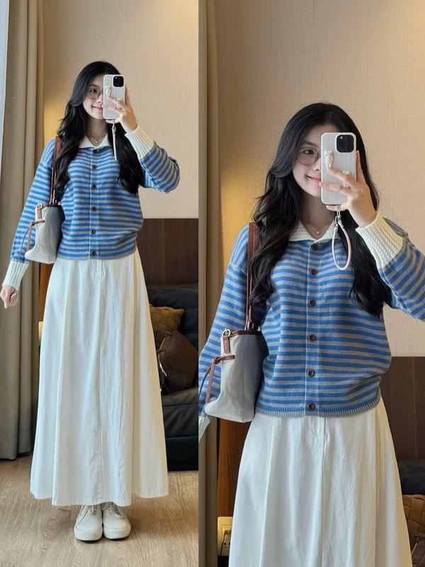 ẢNH OLDSCHOOL Áo len kẻ xanh ngang phối trắng cổ tay RITA SWEATER