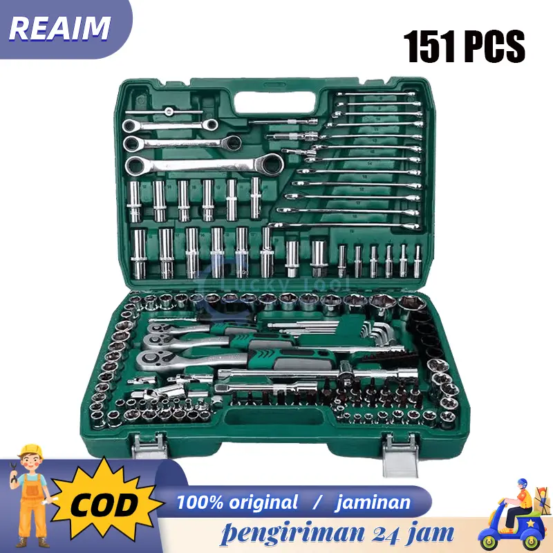 REAIM 151PCS Hand Toolset Shock Mobil Motor Lengkap Socket Tool Kit set Sock Set Set Kunci