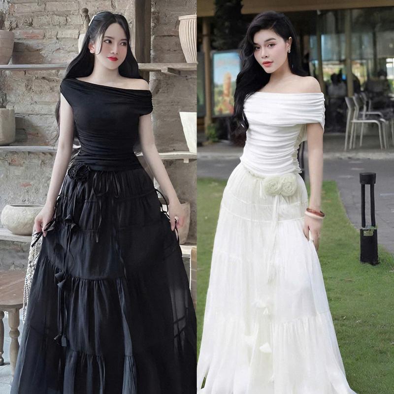 Bộ nữ áo thun tăm nhún phối chân váy voan tầng 2 lớp đính hoa dáng dài sang chảnh dành cho các nàng diện đi chơi đi tiệc