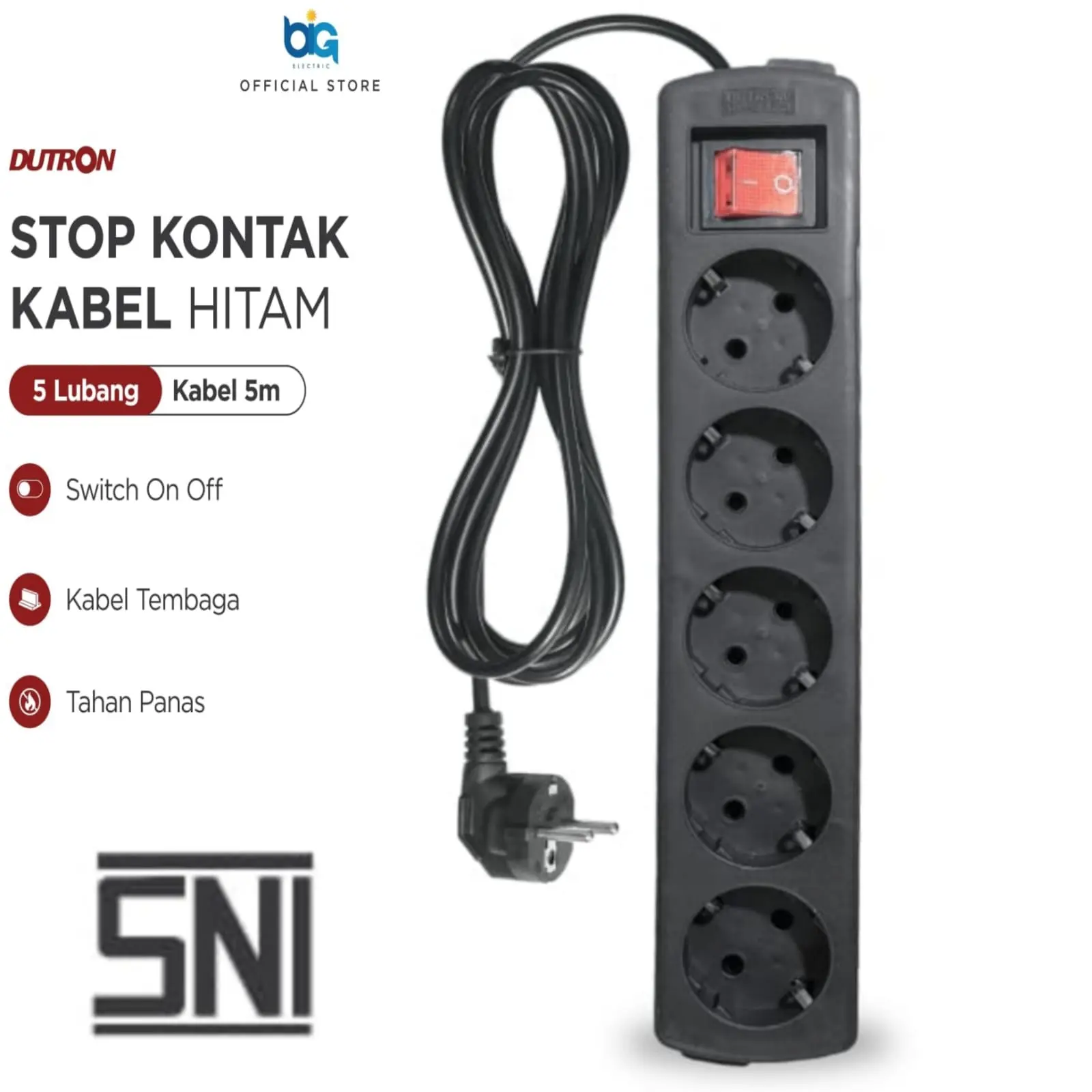 DUTRON STOP KONTAK KABEL HITAM 5 LUBANG KABEL 5M SNI - KABEL ASLI TEMBAGA - TAHAN PANAS - TAHAN LAMA - RESPONSIF