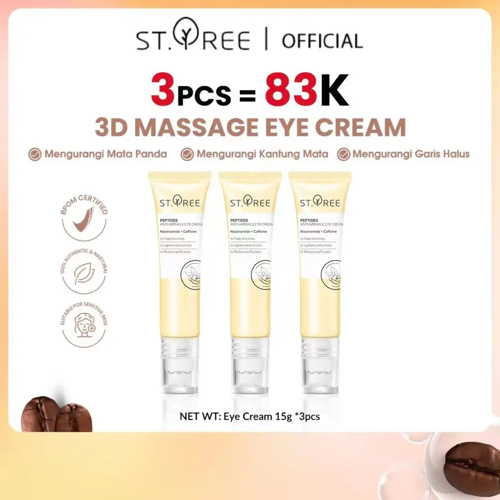 [COD] ST.TREE [3 PCS] Multi Peptides Anti-Wrinkle Eye Cream 15 gr | Triple Pack Serum Perawatan Mata dengan 3D Roller Massager - Krim dengan Niacinamide dan Caffeine untuk Mencerahkan, Mengurangi Kantung Mata Panda, Kerutan, Garis Halus, Mengencangkan