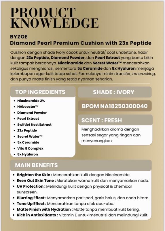 [PAYDAY OWNER DEALS] BYZOE 24Hours PowerStay Diamond Pearl Premium Cushion Matte with Diamond Powder, Pearl Extract, Extract Burung Walet, 23x Peptide.  Concealer Foundation Wajah