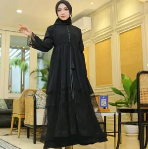 l Nishka l Abaya Berukat Hitam  Model Pita Kombinasi Kancing Dada Tali depan Remaja dewasa  Mute Hitam Muslim Syari Mewah Wanita Dress Arab Ceruty Gamis abaya  busui Simple Kondangan Tangan Ceruti Cantik Turki