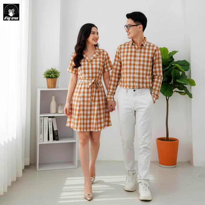 Áo Sơ Mi Và Váy Nữ Kiểu Cổ Vest Dành cho Cặp Đôi Figtree Gía Lẻ 1 sp -Họa Tiết Ca rô Vàng Cam Lên Dáng Dễ Thương cho Tình Nhân Nam Nữ có thể mua Lẻ.