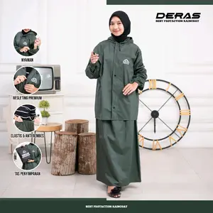 Jas Hujan, Mantel Setelan Rok Wanita Bahan Tebal by DERAS Tersedia Warna Hitam Biru Cream Merah Bahan PVC satu kali pakai warna lain