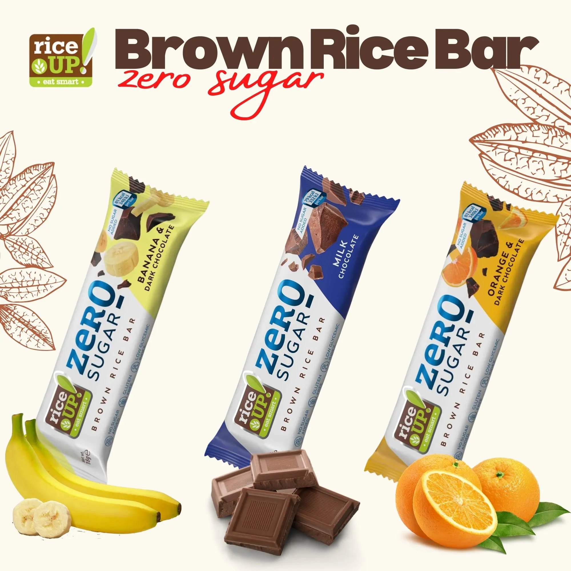 RiceUP! Zero Sugar Brown Rice Bar | 18g x 15 bars | Orange and Dark Chocolate |  Milk Chocolate | Banana and Dark Chocolate