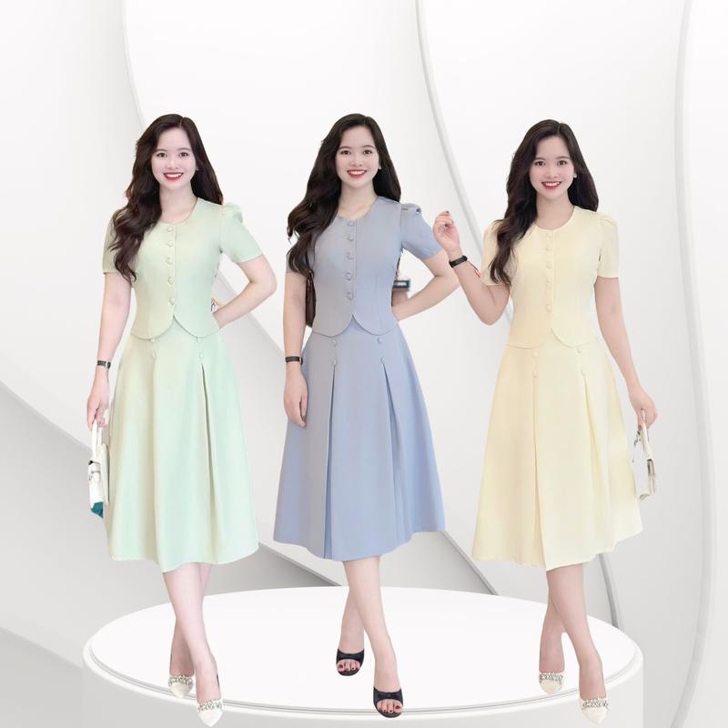 Set váy nữ thiết kế Nhật Vy áo cổ tròn kèm chân  dài chất lụa bigsize dự tiệc công sở văn phòng màu đen nâu xám kem xanh - D3248