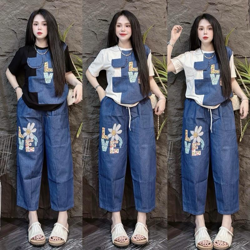 SET BỘ JEAN ÁO THUN COTTON cổ tròn phối màu jean hoa chữ lovvee Phối quần baggy mềm jeans nữ fom rộng Women Nữ Top - Tuhaodobo