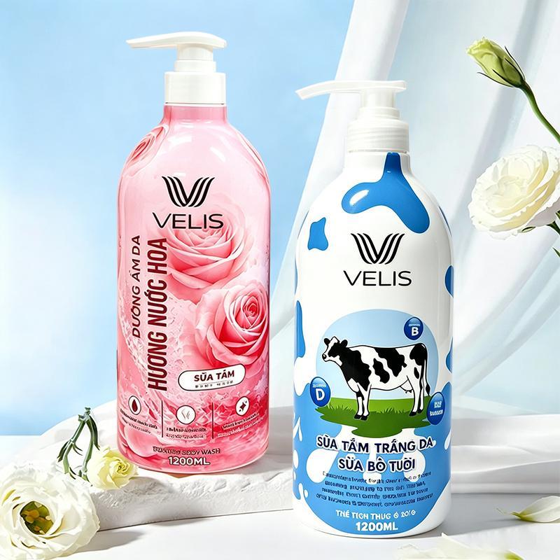 VELIS-1200ml sữa và gel tắm hoa hồng làm ẩm sâu, đầy và sạch bọt để bảo vệ da