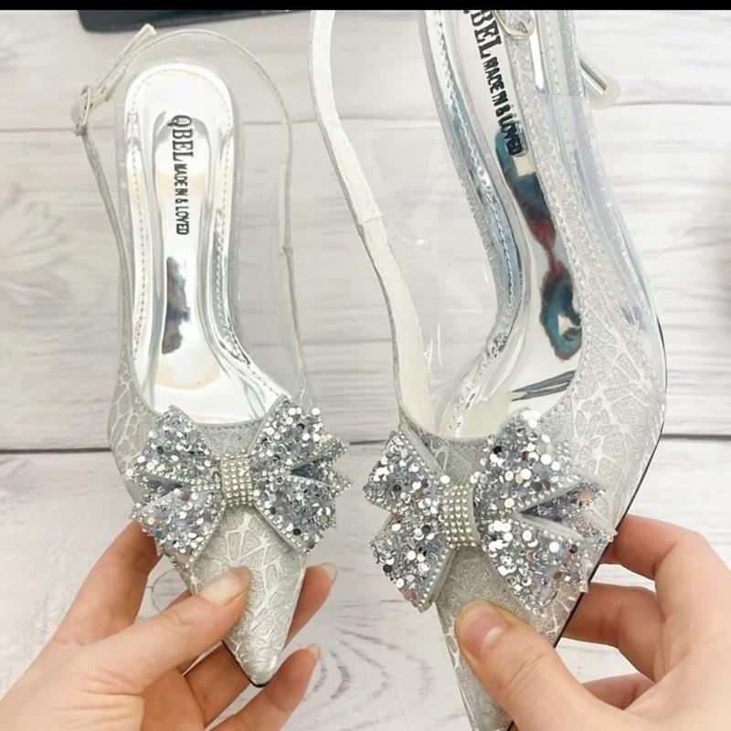  Giày cao gót bít mũi hở gót đính nơ đá lấp lánh  nhũ kim xa lấp lánh - 2 màu đen - ánh bạc - gót 3-5-7-9cm . Form chuẩn đi đúng size 