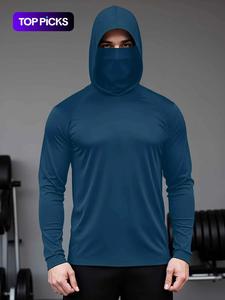 Camiseta casual con capucha y manga larga para hombre, con máscara facial, tela de secado rápido, cobertura completa para la cabeza, ideal para fitness y aventuras al aire libre