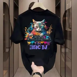 Kaos Distro Unisex Katun, Motif Kucing DJ dengan Headphone, Gaya Musik Fashionable