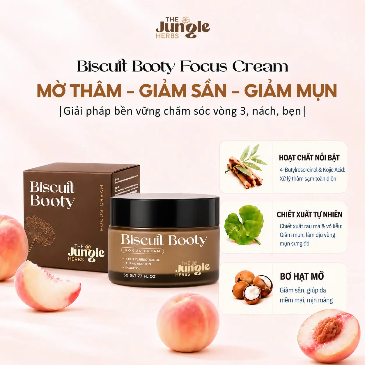 Kem hỗ trợ mờ THÂM, giảm MỤN vòng 3, nách, bẹn, giảm CHAI SẦN, giúp da MỀM MỊN Biscuit Booty - THE JUNGLE HERBS [CÓ CHE TÊN]