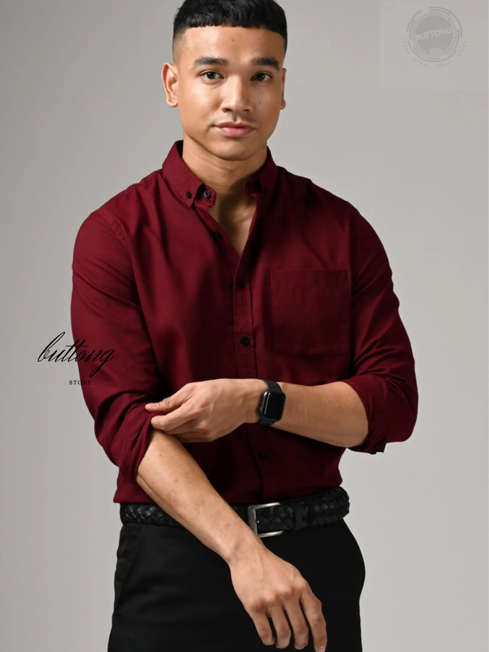Kemeja Lengan Panjang warna MERAH MAROON ( BURGANDI ) UNGU TUA MERAH BATA ( terracotta )- M/L/XL Cotton Rami Polos Pria - Kerah, Navy