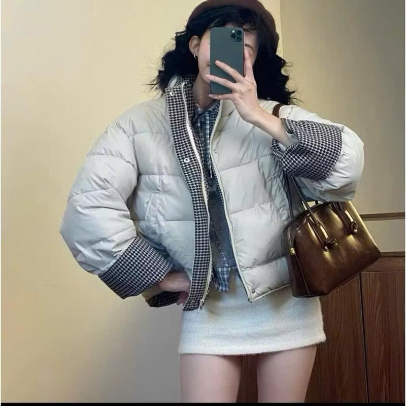 HƯƠNG MIU Áo phao nữ dáng ngắn hàn quốc Phối Kẻ Thời Trang Vải Da form rộng Áo khoác phao nữ mới 2025