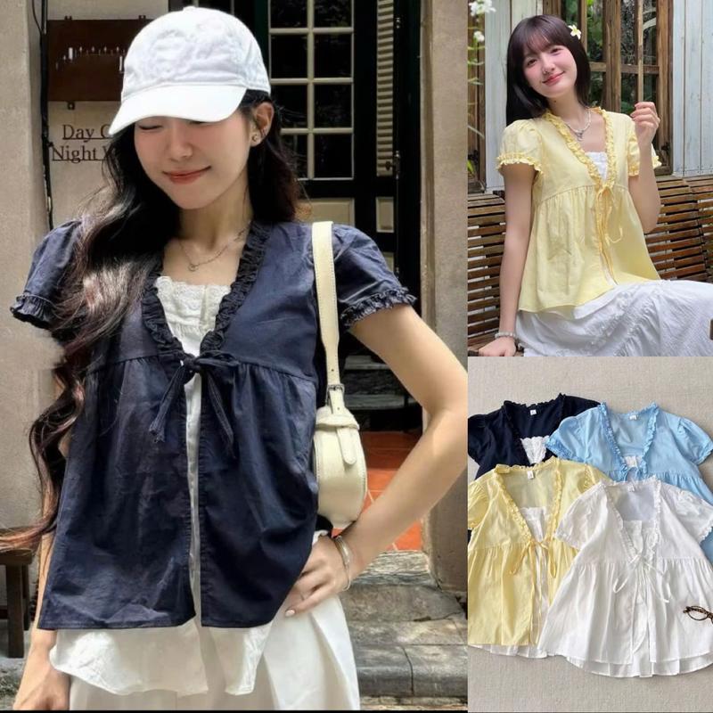 Áo sơ mi nữ A.766, Áo sơ mi phối thân trắng lièn thắt nơ dáng xuông phối viền bèo dễ thương, dễ phối đồ - Shop Chấm Bi