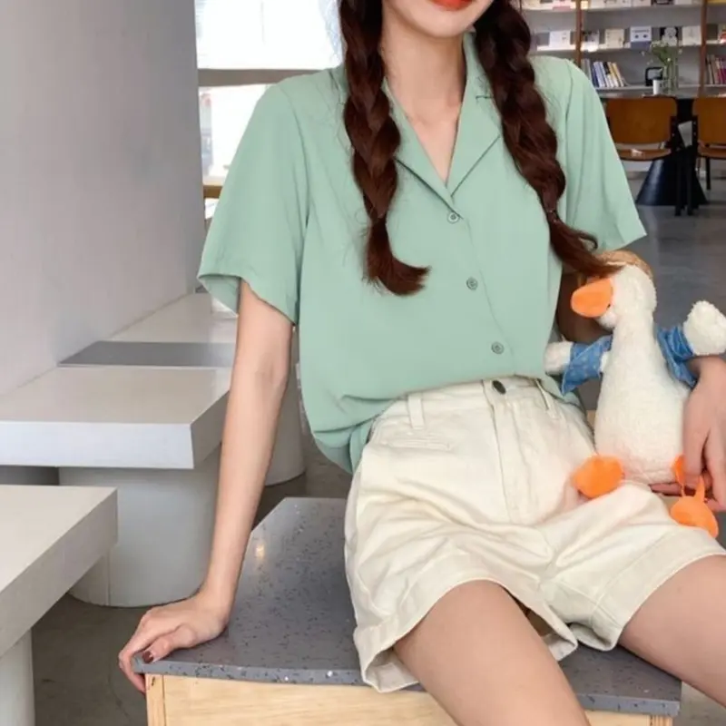 DiaryFashion - Blus Kemeja Formal Wanita Lengan Pendek Gaya Korean Style 7