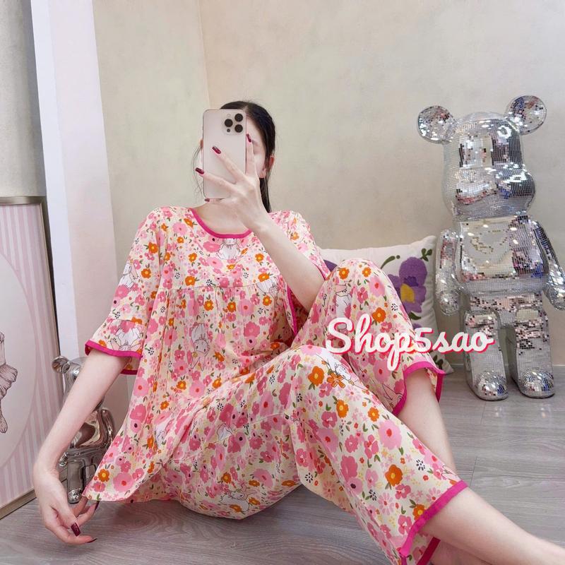 Đồ bộ tole lanh nữ mặc nhà quần 8 tấc, áo tay lỡ viền màu SHOP5SAO (43-75kg) Women Đồ mặc nhà