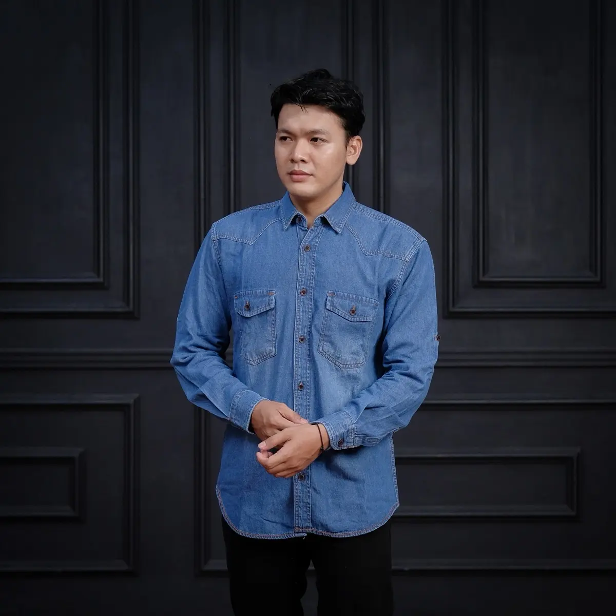 Kemeja panjang Jeans,kemeja Jeans, kemeja lengan panjang, kemeja katun, kemeja koko,kemeja pria,kemeja lengan panjang Jens, Denim Dewasa Nyaman Casual Hitam Distro Formal Cowok High Lembut