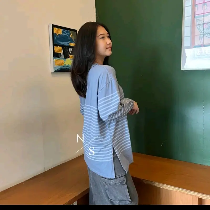 Atasan wanita salur lengan panjang bahan katun combed 24s daily zig zag baru Hanya Rp58.000! 3