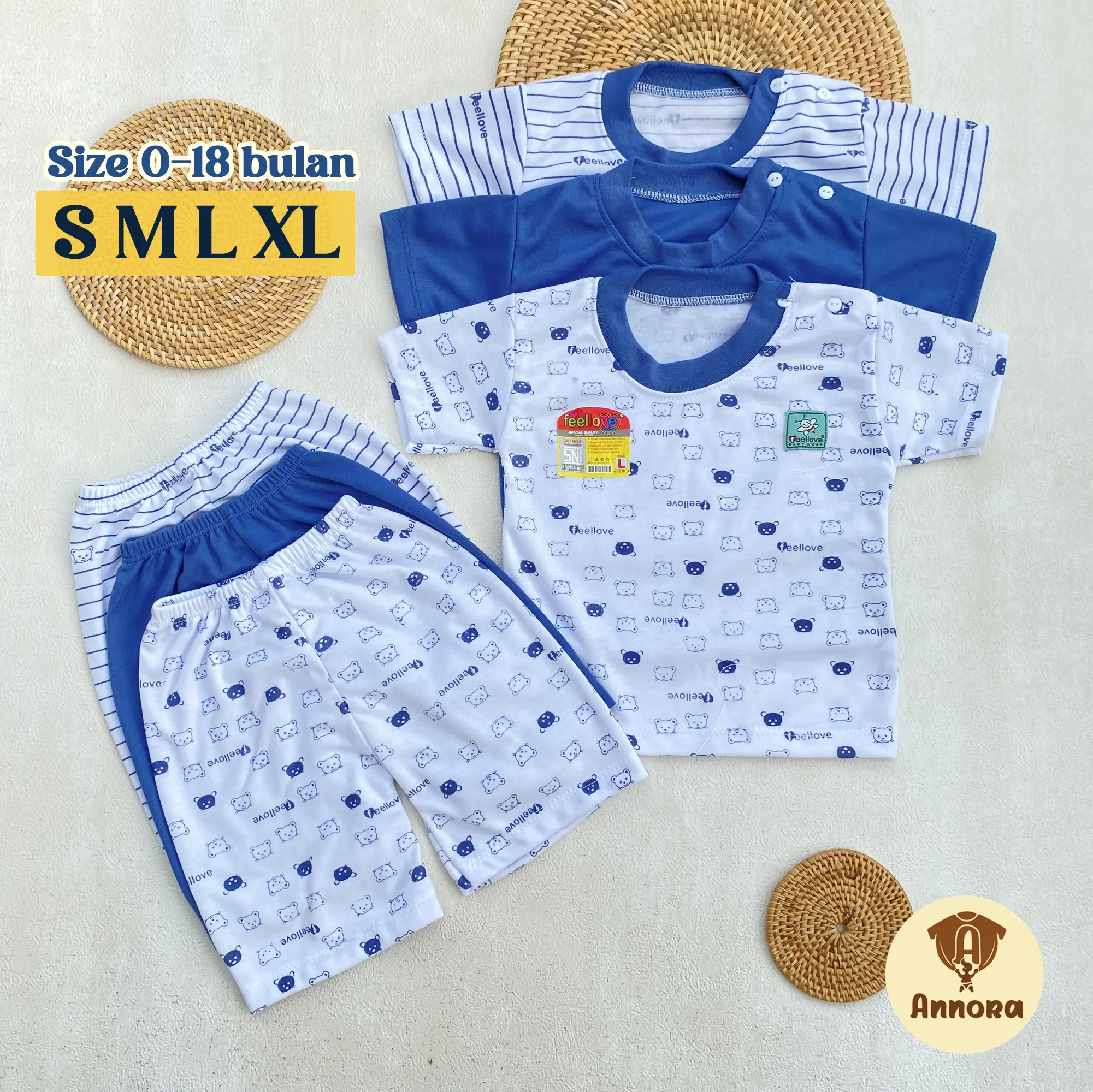 Setelan Bayi Annora 3 Piyama Pendek Warna Seri Deni Bear Ukuran S-M-L-XL - Cotton, Boy