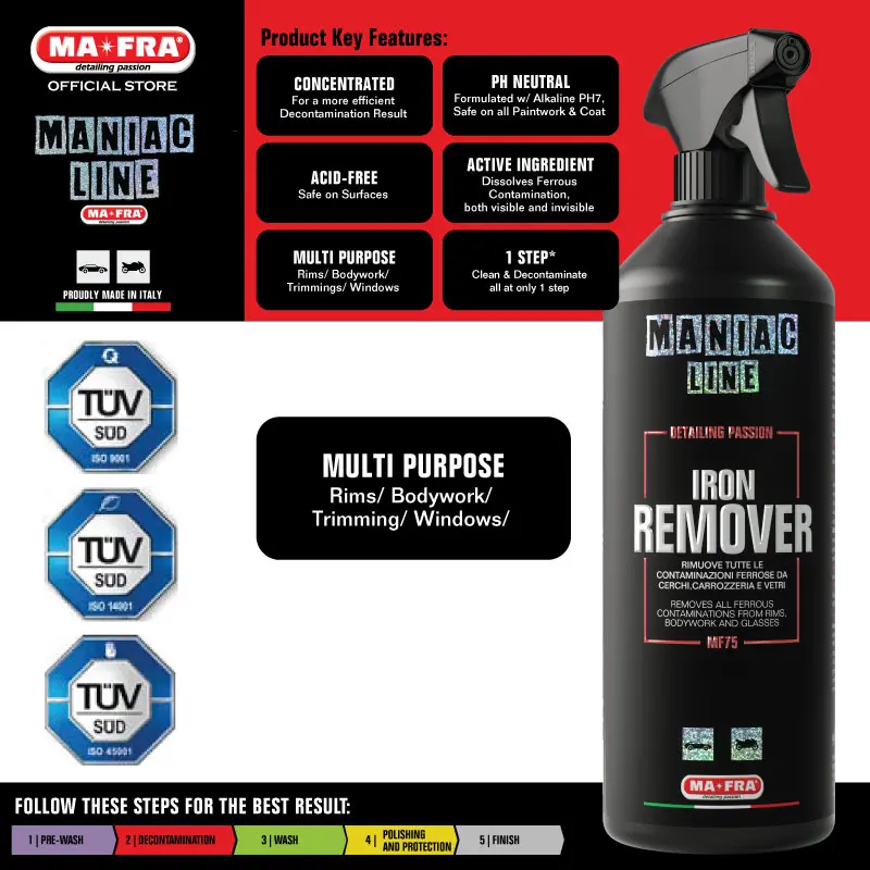 Mafra Maniac Line Iron Remover 1L (Concentrated PH Neutral clean decontaminate wheel rims brake dust car paintwork logo emblem chrome trimming)