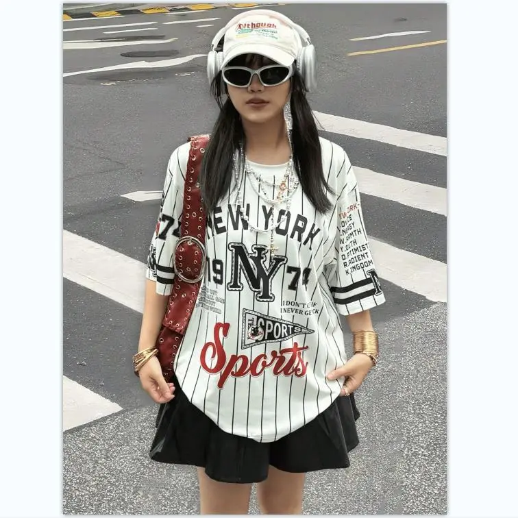 Áo Thun Thường Ngày Cho Nữ, Cổ Thuyền ngắn Tay, Họa Tiết Sọc Và In Chữ, Áo Thun Họa Tiết Áo Nữ Women Top 4