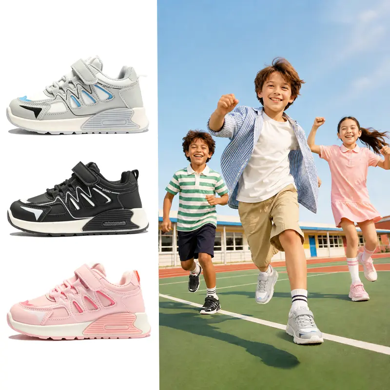 Bombbear.ID ~6301~ Sepatu Sekolah Anak Dengan Fashion Sneakers Kulit Sintetis Premium, Kualitas Nyaman Lentur Ringan Desain Ergonomis untuk Aktivitas Aktif Si Kecil! warna Hitam, Pink dan Abu dengan size 26-37