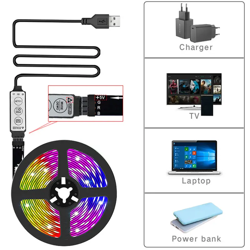 Dải đèn LED USB, thiết kế đơn giản, DV5V, đèn trang trí nhà cửa, màu RGB 5050, 3 phím, đèn Neon 3