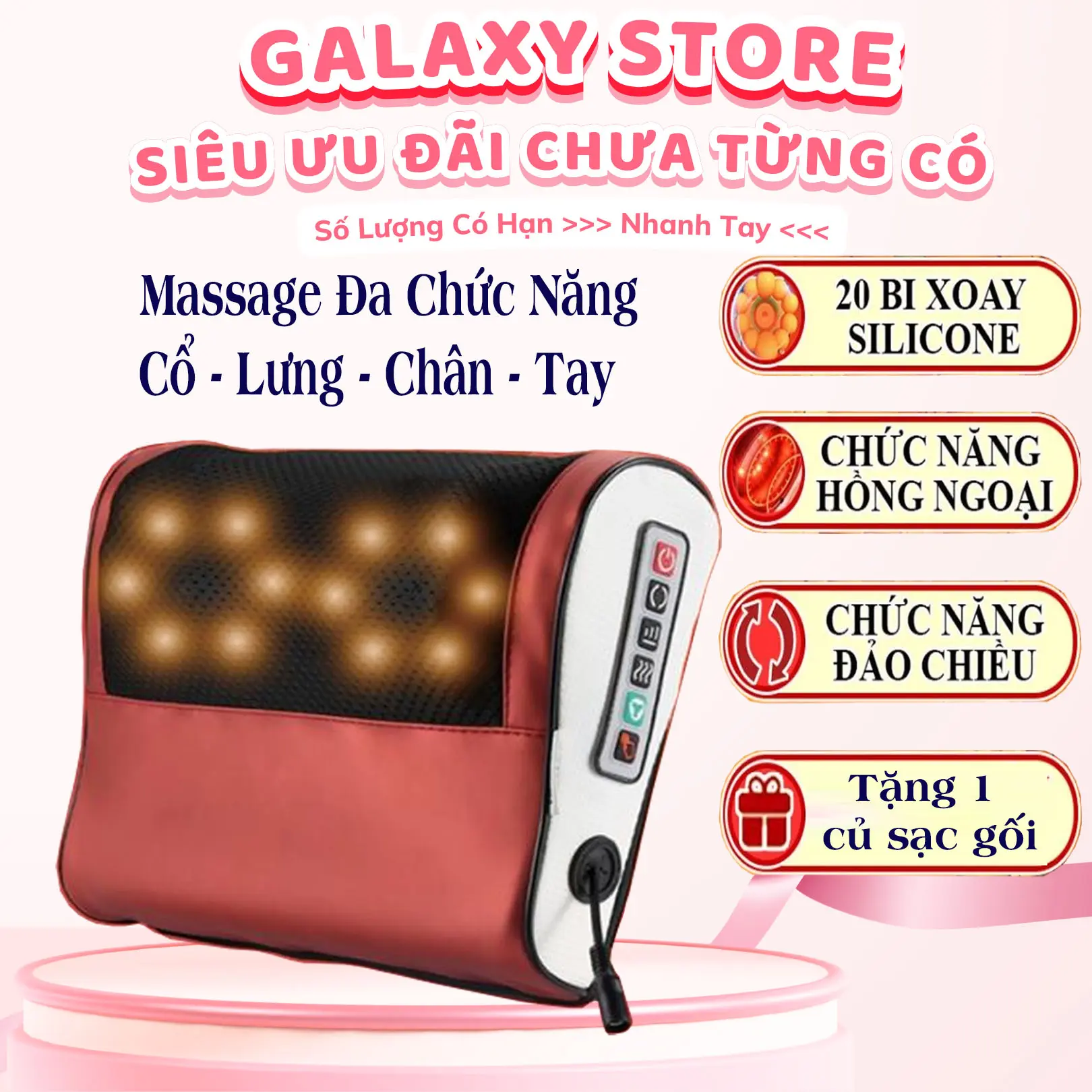 Máy Massage Cổ Vai Gáy Hồng Ngoại 20 Bi Xoay, Gối Matxa Đa Năng 3 Cấp Độ Có Đảo Chiều