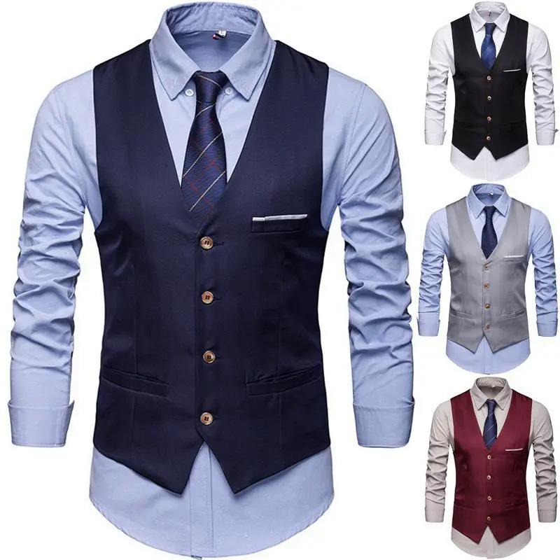 Product Introduction of Okamoto men's fashion suit vest, single breasted plain color V-neck formal jacket men suit jacket 2