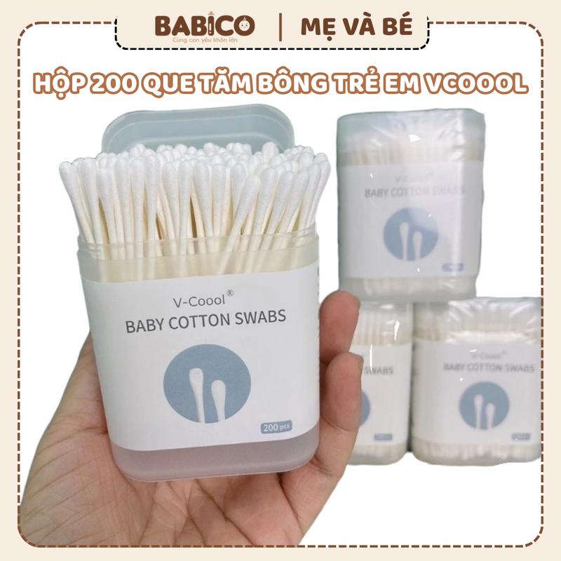 Tăm bông trẻ em Vcoool kháng khuẩn hộp 200 que lõi giấy cho bé sơ sinh ngoáy tai mũi hanhdecal