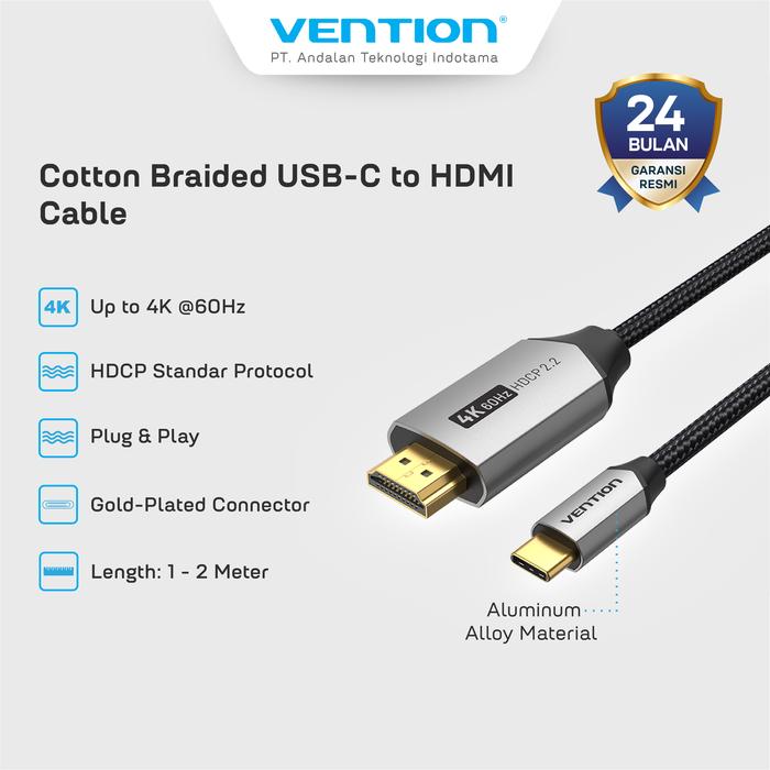 Gambar Vention Kabel USB Type C to HDMI 4K 60hz HDCP 2.2 Converter Cable 1M 2M - CRB - 1.5M dari Vention By Andalan Kota Administrasi Jakarta Utara Tokopedia