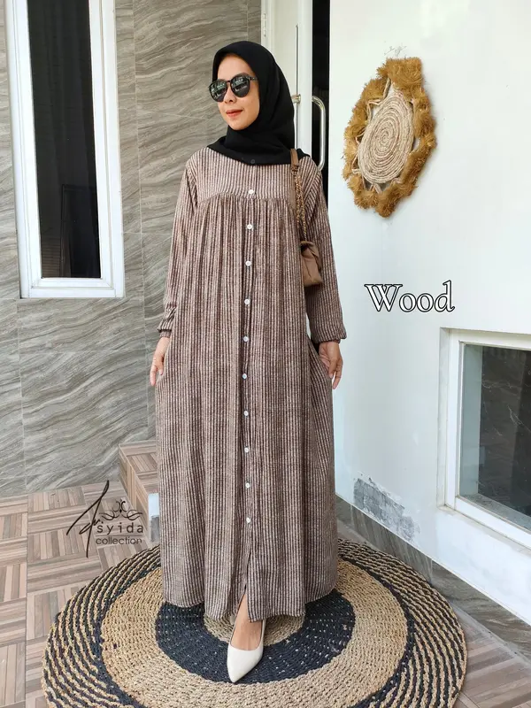 Dress Rayon Salur Gamis Rayon Kacing Full Kancing Aktif Gamis Busui Kancing Muslim Rayon Katun Nyaman Wanita Mewah 6