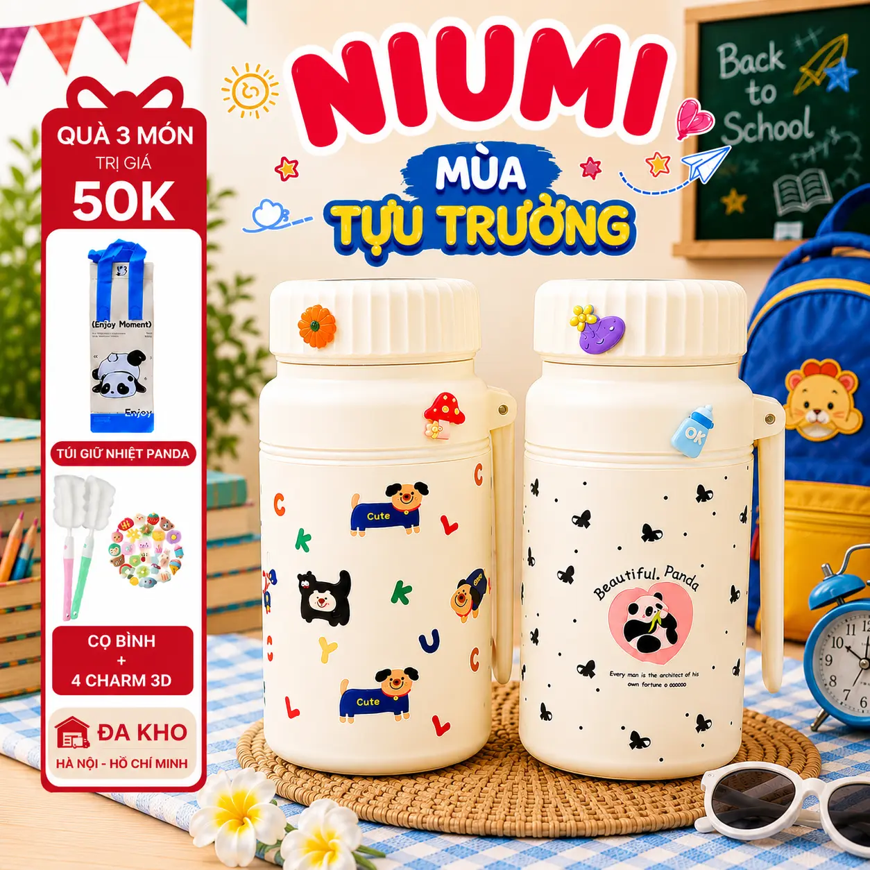 <Tặng Túi Giữ Nhiệt> Bình Giữ Nhiệt 1000ml Inox 316 NIUMI Hoạ Tiết Dễ Thương Fashion Cup Có Lưới Lọc Trà Tiện Lợi