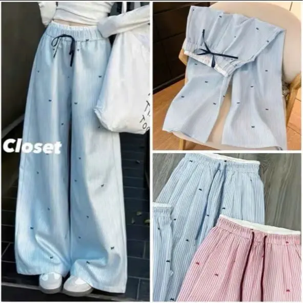 Quần Kẻ Sọc Ống Rộng Họa Tiết Nơ Dễ Thương Nữ Cạp Phối Xinh Xắn