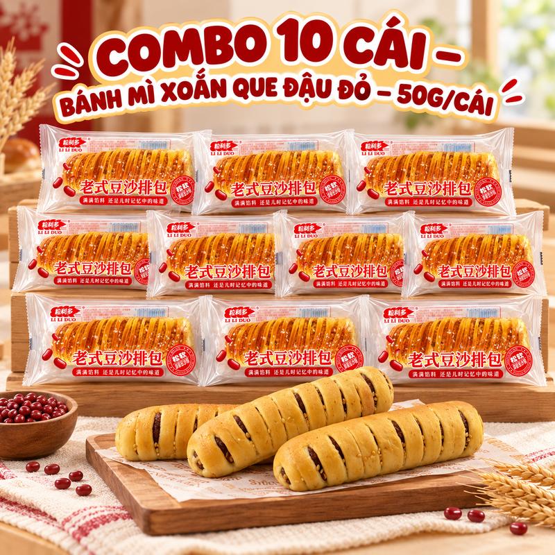 Combo 10 Cái Bánh Mì Xoắn Que Vị Đậu Đỏ 50g/Cái – Bánh Mềm Xốp, Thơm Ngon, Ăn Sáng, Ăn Vặt Tiện Lợi