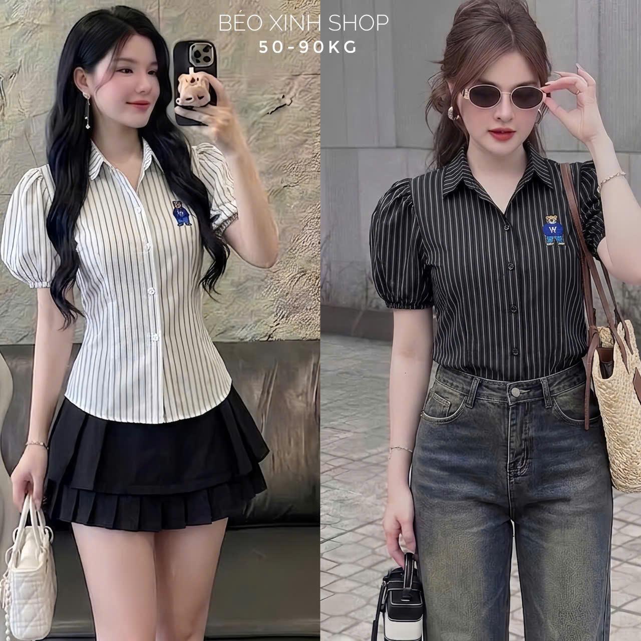Áo Sơ Mi Kẻ Sọc Phối Thêu Gấu Cao Cấp Thanh Lịch Bigsize Cho Nàng 50- 90 Kg Dễ Thương Nữ Women Top - A.1765
