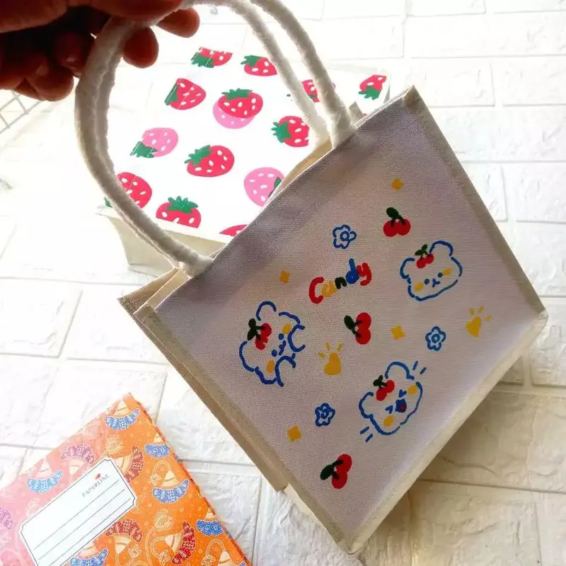 Tote Bag Mini Tali Sumbu Putih Wanita Tas Mini Motif Sablon Totebag Serut Karakter 6
