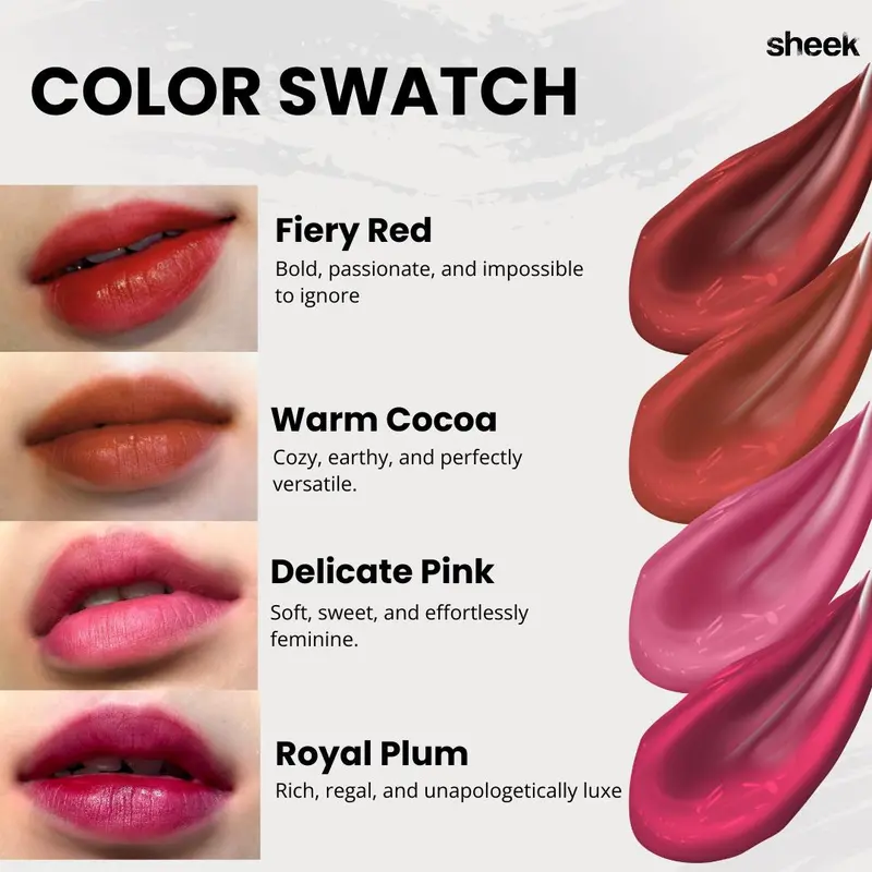 SHEEK Silky Sleek Lip Tint - All The Sheek You Need  [BUNDLNG 4 PCS] [Lip Tint 5g] Matte Finish Long Lasting Lip Tint Waterproof Brown Girl Brown Girl Lipstick Red Lipstik Paint 6