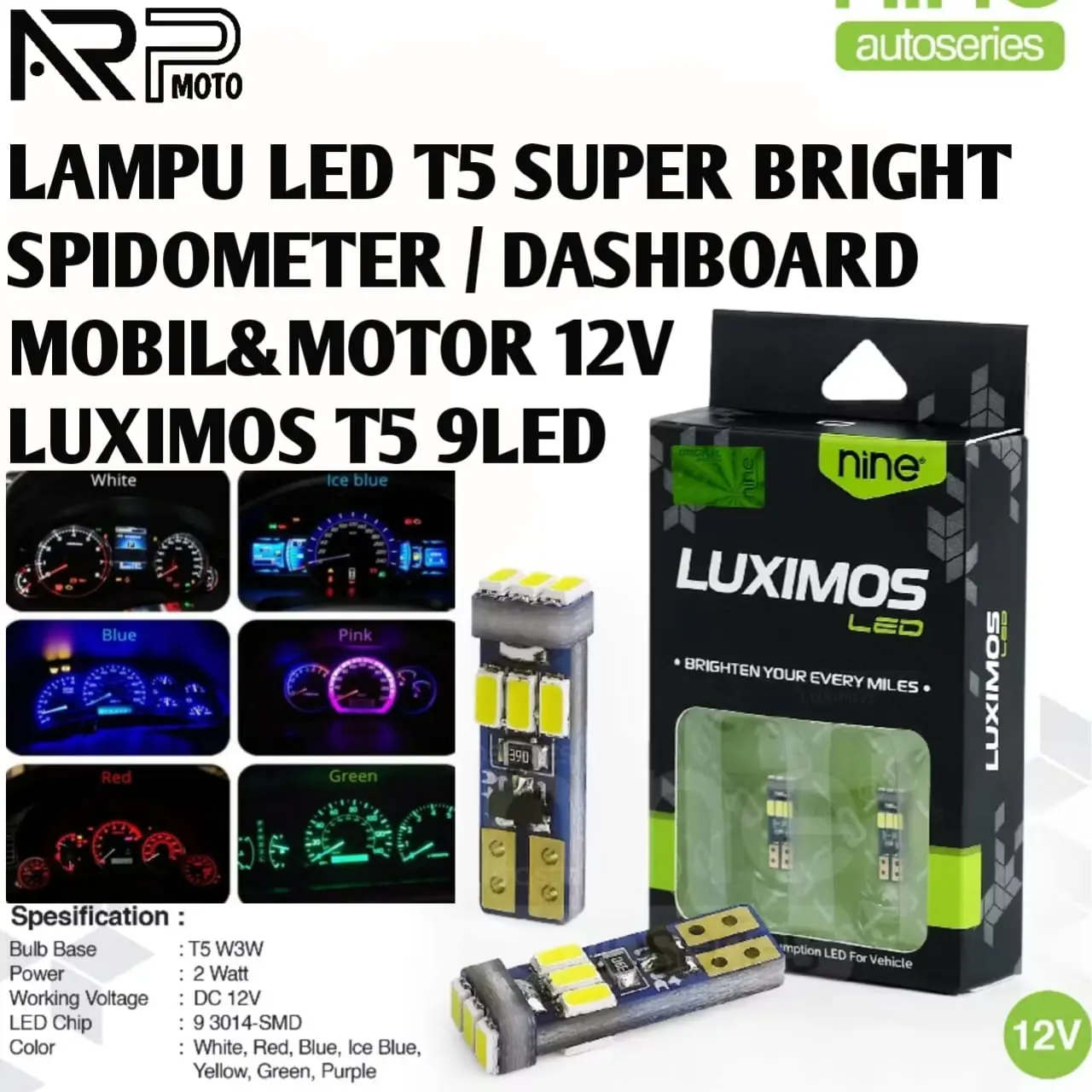 SEPASANG LAMPU LED T5 9 MATA SUPER TERANG LUMINOS T5 9LED DASHBOARD SPEEDOMETER SPIDO MOTOR & MOBIL UNIVERSAL