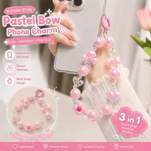 Gantungan HP Lucu Korean Pastel Bow Manik-manik | Phone Strap Aksesoris Tas