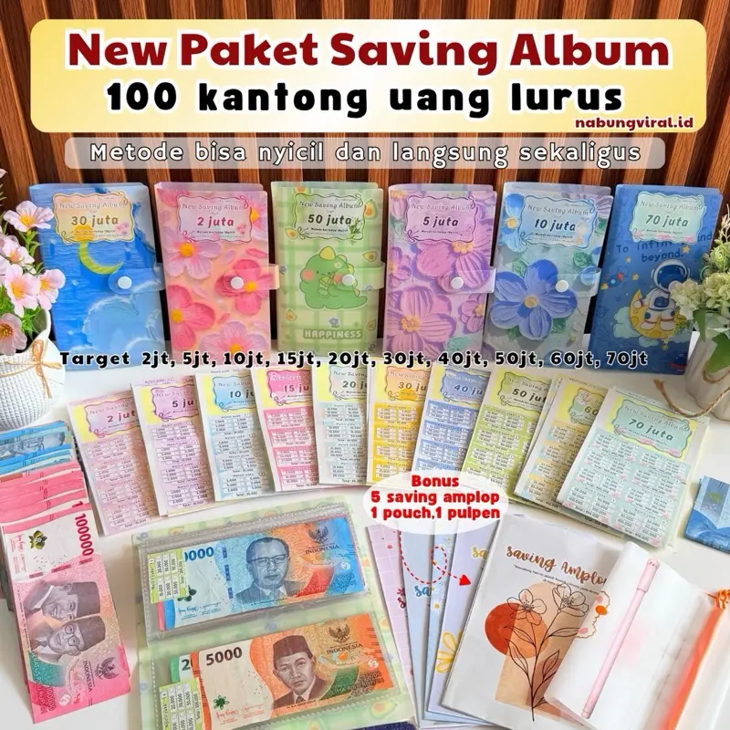 [Uang Lurus] New Paket Saving Album Nabung Viral 100 Kantong Uang Tidak Di Lipat Metode Nyicil Dan Langsung Buku menabung Target 2 Sampai 70 Juta Bonus Saving Amplop