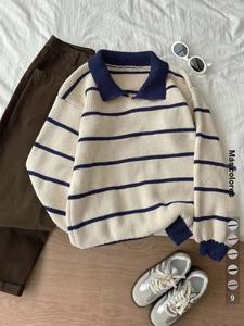 Suéter de cuello polo a rayas para otoño invierno, suéter de manga larga, suéter de moda holgado y casual, estilo versátil